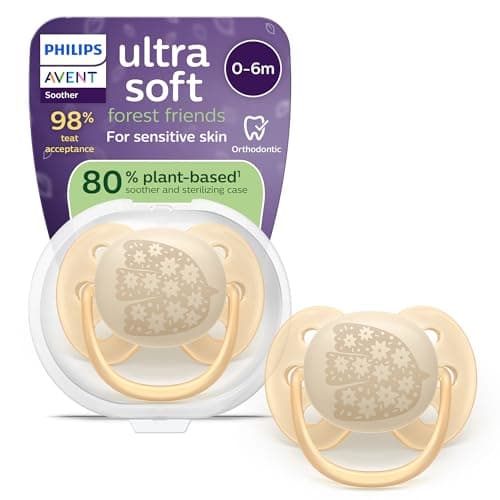 Image of Philips Avent Ultra Soft Soother - Orthodontic Design, for Babies 0-6 Months, Flexible Shield, Silicone Symmetrical Teat, BPA-Free, with Sterilizing Case, SCF092/06