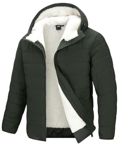 Image of 33,000ft Men's Waterproof Fleece Jackets Windproof Warm Puffer Winter Jacket Lightweight Quilted Jacket Outdoor Thermal Coats with Hood Dark Green L