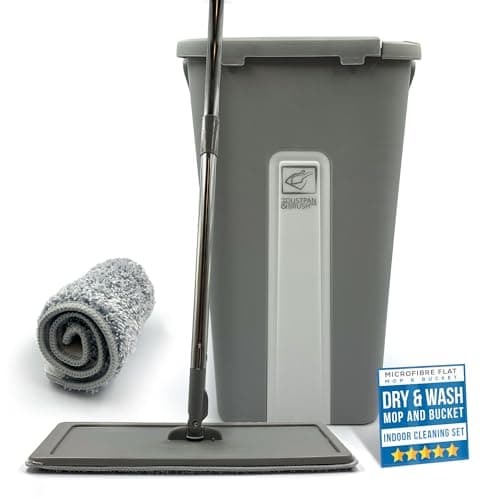 Image of Flat Mop and Bucket Set with 360° Swivel Head, 2 Microfibre Mop Heads, Built In Bucket Wringer & Scraper, Easy to Use Mops for Cleaning Floors in Bathroom, Kitchen, Wood, Tile, Laminate