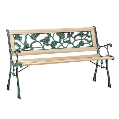 Image of BIRCHTREE 3 Seater Wooden Slat Garden Bench Seat Rose Style Cast Iron Legs