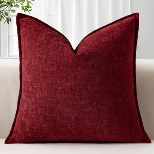 Image of Sungeek Soft Chenille Cushion Cover 50x50cm Square Decorative Throw Pillow Cover with Stitched Edge Solid Dyed Pillow Case Cover for Home Decor Couch Sofa Bed Living Room, Dark Red