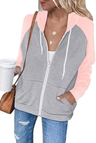 Image of LACOZY Women's Fall Long Sleeve Zip Up Loose Hooded Sweatshirts Color Block Hoodies Jacket Shirts with Pocket Pink S