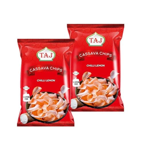 Image of Taj Cassava Chips Traditional Flavour Vegan Gluten Free Crispy Snacks Taste 200g Multiple Packs (Pack of 2, Chilli Lemon)