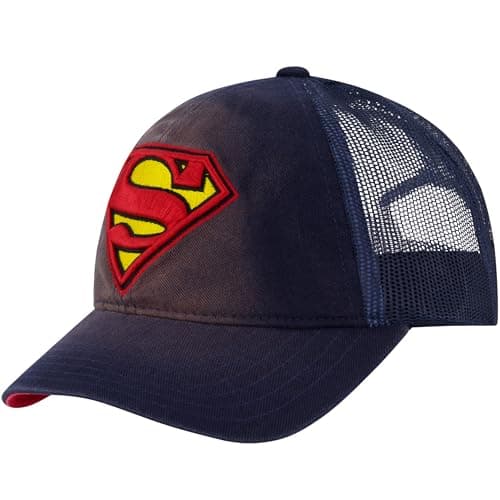 Image of Concept One Unisex's Dc Comics Superman Trucker Hat, Adult Snapback Cap with Curved Brim Baseball, Navy, One Size
