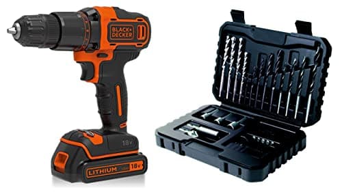 Image of BLACK+DECKER 18 V Cordless 2-Gear Combi Hammer Drill Power Tool with Kitbox, 1.5 Ah Lithium-Ion, BCD700S1K-GB with BLACK+DECKER Drilling and Screwdriver Bit Set - 32 Piece
