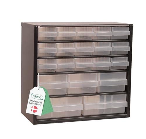 Image of Raaco Storage Cabinet C6-20 with 20 Drawers | Metal Tool Organiser | 20 kg Capacity | 15 × 30.6 × 28.3 cm | Steel Frame with Transparent Polypropylene Drawers | Garage Storage & Workshop Organiser