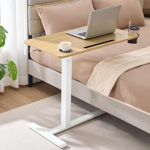Image of VASAGLE Side Table, Overbed Table with Wheels, Small Standing Desk, 80 x 45 cm Tabletop, Adjustable Height, 2 Cup Holders, Phone and Tablet Slot, Golden Oak LSD601YA01