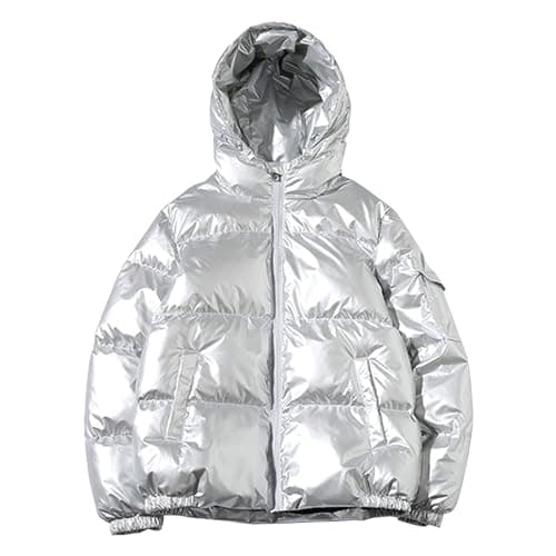 Image of Maiyifu-GJ Men's Metallic Hooded Puffer Jacket Winter Warm Down Jackets Full Zip Alternative Quilted Padded Coat, Silver, Medium