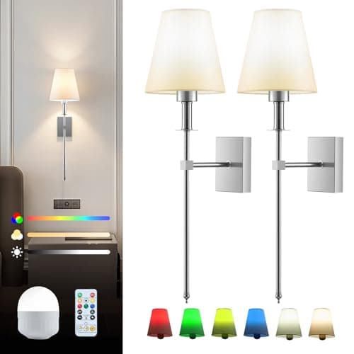 Image of Warmiehomy Rechargeable Wall Lights Set of 2, Battery Operated Wireless Wall Sconces with Remote & Dimmable Bulb, 3 Color Temperature & 16 RGB Colors, Indoor Wall Lamp for Living Room Bedroom, Chrome