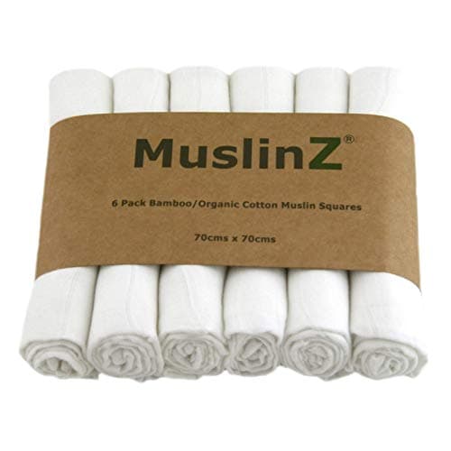 Image of MuslinZ 6pk Luxury Bamboo-Organic Cotton Mix Muslin Squares 70x70cms - Soft Newborn Burp Cloths (White)