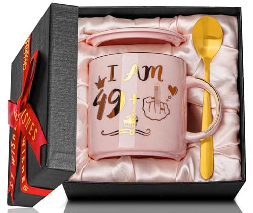 Image of Funny 50th Birthday Gifts for Women, 14oz Pink Marble Ceramic Coffee Cup Gift idea for Her Turning 50 Years Old as a Friendly Joke Birthday Celebration Mug Printed with Gold, Card, Nice Gift Boxed