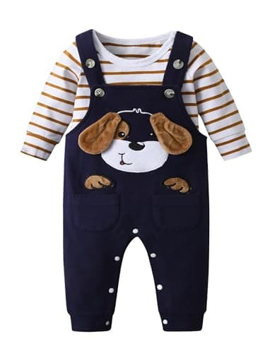 Image of Derouetkia Baby Boy Clothes Striped Tops Animal Print + Pants Outfit Set, Brown, 6-9 Months