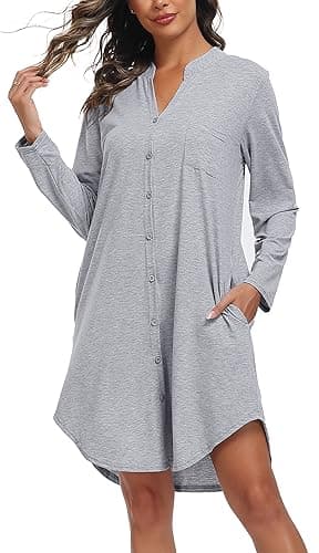 Image of Vlazom Women's Nightdress, Ladies Long Sleeve Nighties Button Down Soft Nightshirts Sleep Dress Nightgown Sleepwear with Pockets Light Grey,M