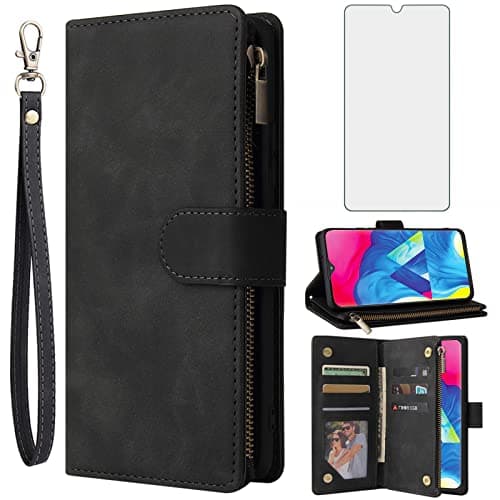 Image of Asuwish Compatible with Samsung Galaxy A10 M10 Wallet Case Tempered Glass Screen Protector and Leather Flip Cover Card Holder Cell Phone Cases for Glaxay A 10 Gaxaly 10A A105M 6.2 inch Women Men Black