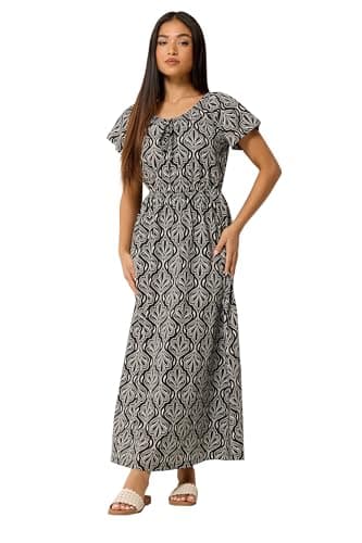 Image of M&Co Petite Abstract Print Tie Neck Cotton Maxi Dress - Women's Black