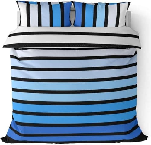 Image of Rapport Home Striped Blue Duvet Cover Set Double Size - Vibrant Polycotton Bedding with Pillowcase, Durable & Fade Resistant for Kids & Adults Bedroom