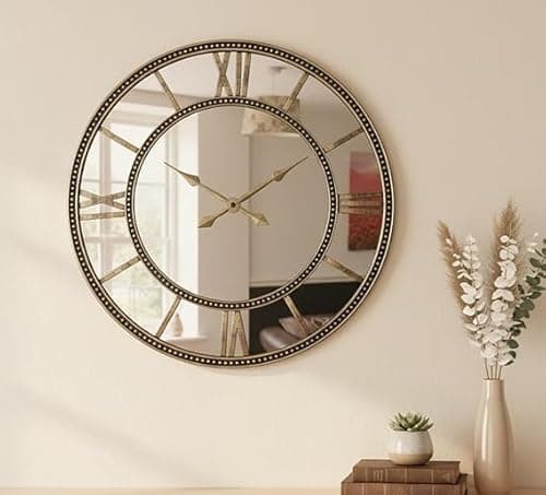Image of Biznest Double Row Beaded Edges Round Wall Clock Roman Numerals Analogue Large Display Ornate Brass Finish Battery Powered Mirrored Dial Indoor Vintage Home Decor Time Piece 56 X 3.5 Cm (GOLD)