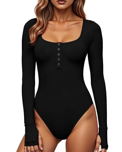 Image of GJY Women's Bodysuits, Button Closure Round Neck Long Sleeve Casual Slim Fit Jumpsuit, Shirts Tops, black, M