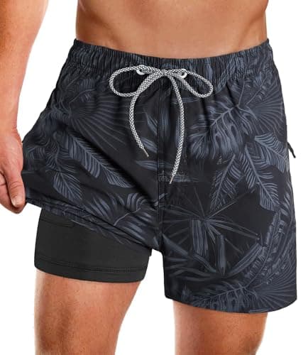 Image of APTRO Men's Swimming Shorts with Zip Pockets 2 in 1 Quick Dry Swim Trunks with Compression Liner Leaf Dark Grey MK385 XL