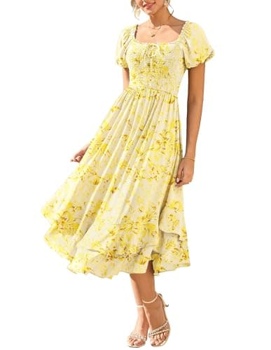 Image of GRACE KARIN Women Summer Floral Dress Puff Sleeve Square Neck Smocked A-line Maxi Dresses for Women UK Yellow M