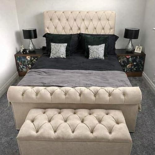 Image of Bespoke Chesterfield Plush Velvet Royal Slaigh Bed - Mattress/Gas Lift Options - UK Made - Double/King/Super King (Cream Plush, Double 4ft6 with Gas Lift)
