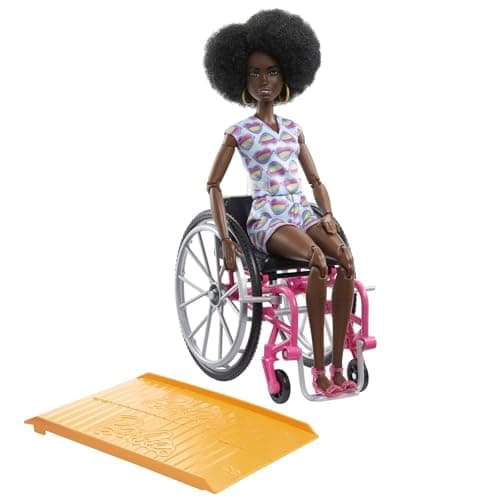 Image of Barbie Doll with Wheelchair and Ramp, Kids Toys, Barbie Fashionistas, Curly Black Hair, Rainbow Heart Romper, Clothes and Accessories, HJT14