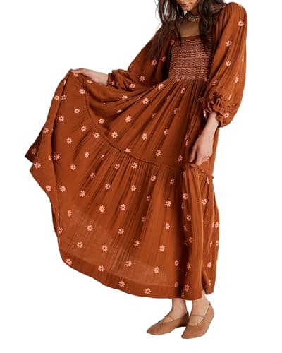 Image of SANSIWU Women’s Flower Embroidered Maxi Dress Long Puff Sleeve Square Neck Bohemian Tiered Flowy Dress a line Casual Beach Dress (A-Brown, L)