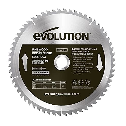 Image of Evolution Power Tools FW255TCT-60 Fine Finish Wood Cutting TCT Tungsten Carbide Saw Blade, For Mitre & Table Saws, Smooth Fast Cuts In Sheet, Ply & Hardwood, Clean, Splinter Free Cut, 60 Teeth, 255mm