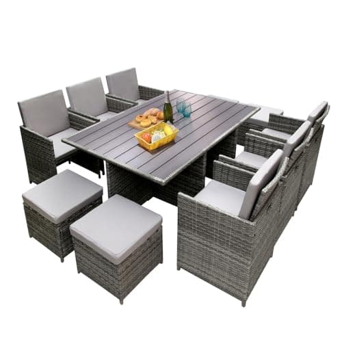 Image of RayGar Hestia 11 Piece 10 Seater Rattan Cube Dining Table Garden Furniture Patio Set With Parasol Hole (Grey/Grey)