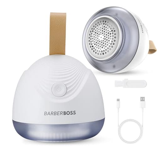 Image of BarberBoss Electric Lint Remover, Rechargeable Fuzz remover for Clothes, Powerful Blade System & Transparent Wool Container, 90-Minute Cordless Fabric Shaver, QR-3101, White