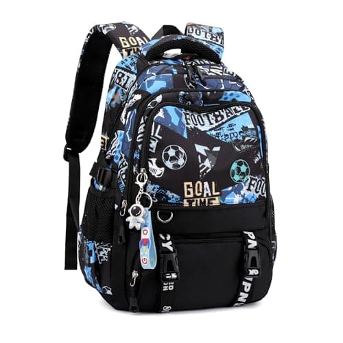 Image of Bansusu Football Print Boys Backpack School Bag for Elementary, Soccer Travel Backpack Secondary Rucksack for Boys, Football-Black+blue