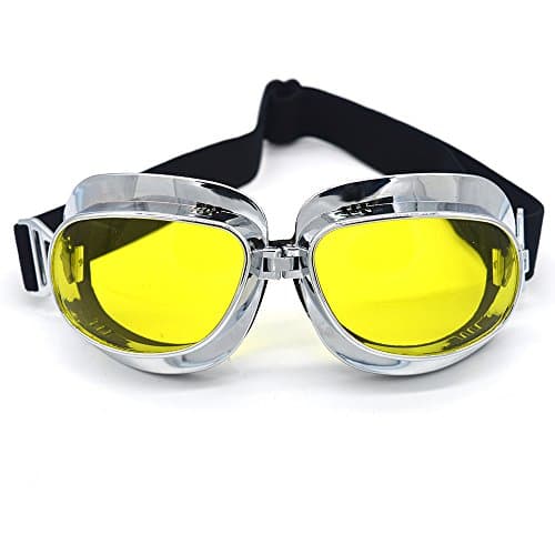 Image of Motorcycle Goggles Vintage Pilot Goggles Retro Motocross Goggles Outdoor Eyewear Sports Goggles for Half Helmets (Silver Frame, Yellow Lens)