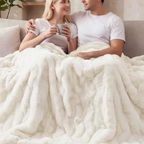 Image of ORINOVA Light Beige Fuzzy Faux Fur Throw Blanket for Couch Bedroom Living Room Furry Soft Fluffy Bed 152x203cm Thick Warm Blanket for Winter Home Gifts 860 GSM