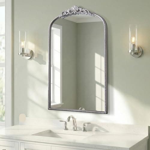 Image of Micasso Arched Traditional Vintage Ornate Mirror, 31" x 19" Antique Baroque Silver Wall Mirror for Bathroom Bedroom Living Room
