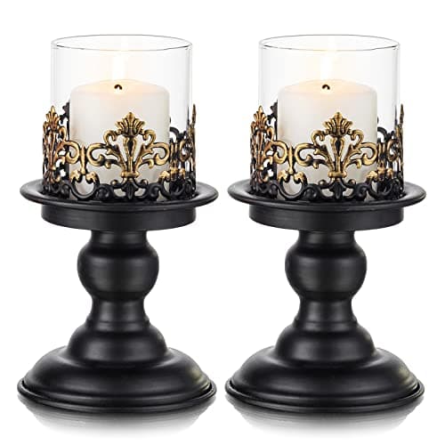 Image of Sziqiqi Black Shabby Chic Pillar Candle Holder Set for Tables - Gothic Candlestick Holder Rustic Glass Hurricane Candle Holders Centrepieces for Mantlepiece Fireplace Dinner Desk Tabletop Ornament