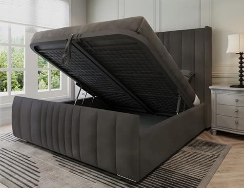 Image of Manhattan Superking Ottoman Bed Frame, Modern Velvet Panelled Superking Ottoman Bed with Gas Lift Storage, Luxury 6ft Super King Size Beds with Metal Mesh Base & 48" Headboard in Steel Plush
