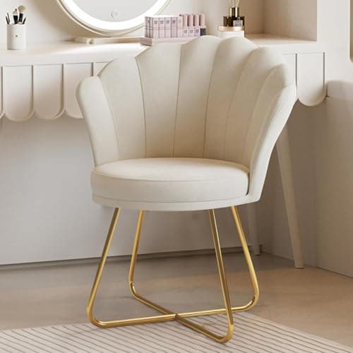 Image of Hawthyhome Velvet Dressing Table Chair Upholstered with Shell Backrest and Metal Legs, Max Load 150 kg (Beige)