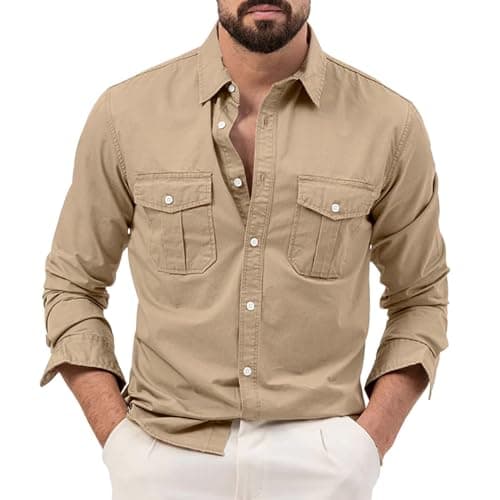 Image of BiCophy Mens Long Sleeve Sun Protection Safari Shirts Casual Slim Fit Tactical Cargo Work Shirts Outdoor Lightweight Button Down Hiking Travel Camping Shirts Khaki