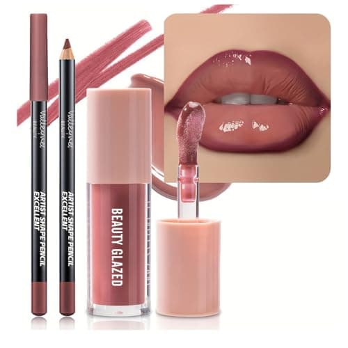 Image of Lip Gloss and Lip Liner Set, Tinted Lip Gloss with Lip Pencil, Waterproof Long Lasting Glossy Lip Combo, Nude Lip Makeup Kit for Women (#V02+104)