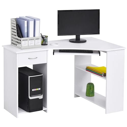 Image of HOMCOM L-Shaped Corner Computer Desk w/ 2 Shelves Wide Worktop Keyboard Tray Drawer & CPU Stand Home Office Study Bedroom Furniture White