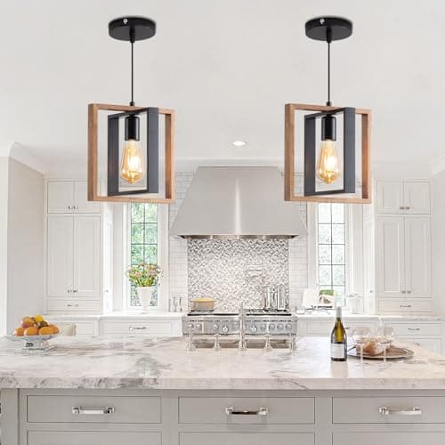 Image of Mikeru Rustic Industrial Ceiling Light, E27 Modern Black Metal Pendant Light, Vintage Wooden Pendant Light, Height Adjustable 1.2M Suspended Light Fixture for Kitchen, Living Room, Bedroom, Hallway