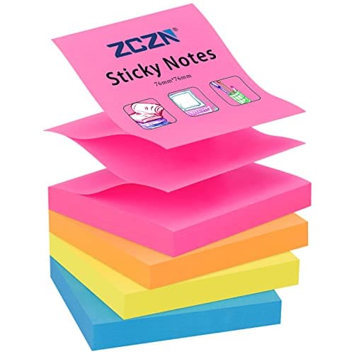 Image of ZCZN Pop-up Sticky Notes 76 x 76 mm, 4 Pads Assorted Colours Self-Stick Notes, 100 Sheets/Pad (Rose Red,Yellow,Blue,Orange)