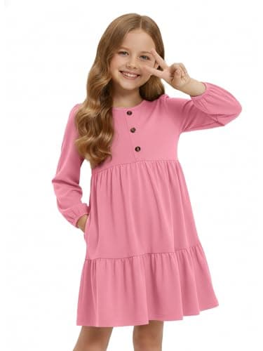 Image of JiAmy Girls Dress Puff Long Sleeve Cotton Round Neck Kids Casual T-Shirt Dresses with Pockets Tiered High Waist Swing A-line Fall Tween Dress for 11-12 Years, Pink