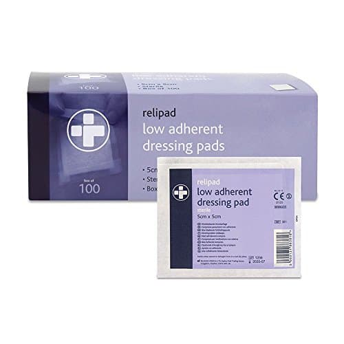 Image of Reliance Medical Relipad First Aid Sterile Dressing - Low-Adherent, Absorbent Dressing Pads for Minor Abrasions, Lacerations and Wounds, 5 cm x 5 cm, Pack of 100