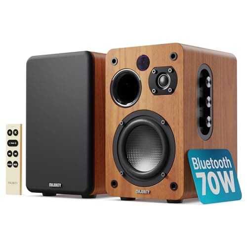 Image of MAJORITY D70X Active (Walnut) Bluetooth Active Bookshelf Speakers | Powered Stereo Speakers, USB Playback and Charging | HDMI ARC, Optical, Phono, Aux | Turntable Speakers & Extra Bass