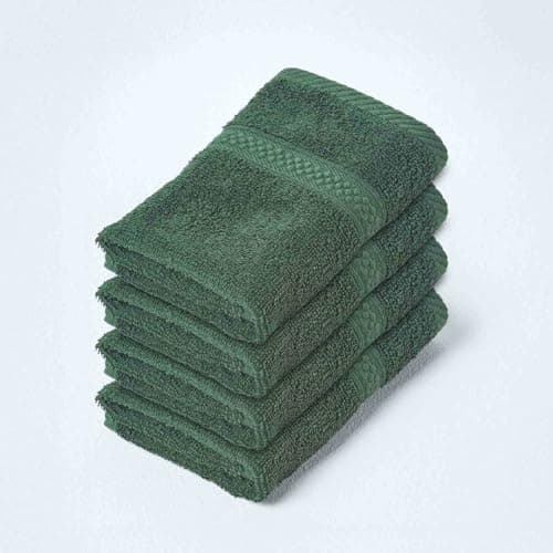 Image of HOMESCAPES Dark Green Turkish Cotton Set of 4 Face Cloths Flannel Super Soft Thick & Absorbent 500 GSM Towel Heavy Weight for everyday Luxury