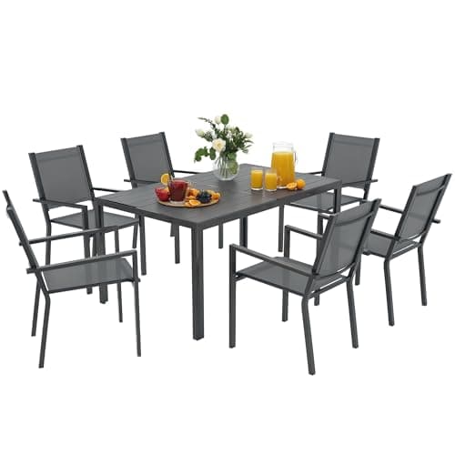 Image of Outsunny 7 Piece Garden Dining Set, Outdoor Furniture Set with 6 Stackable Chairs and 150 cm Rectangle Table, WPC Slatted Top, Rust-Resistant Steel Frame, for Garden, Porch, Terrace