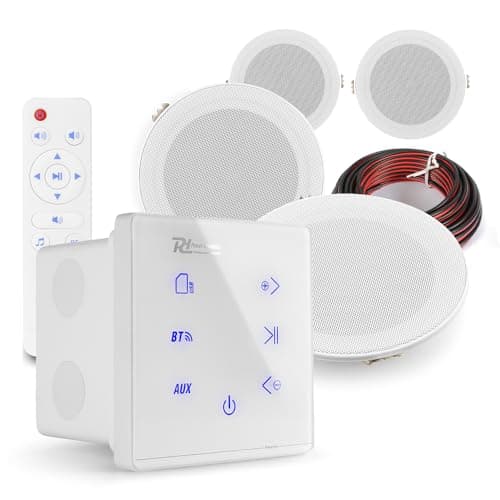 Image of Power Dynamics Marine Ceiling Speakers Kit - 4x Weatherproof Outdoor Bluetooth Speaker System with A100W White Wall Amplifier for Bathroom and Marine Installations