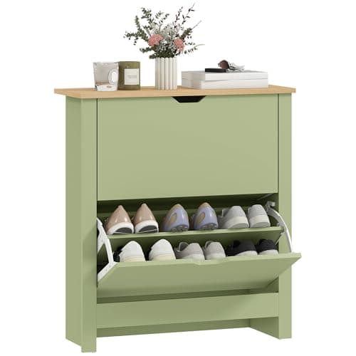 Image of HOMCOM Narrow Shoe Cabinet, Space Saving Shoe Storage Cabinet with 2 Flip Drawers and Adjustable Shelves for 6-12 Pairs of Shoes for Hallways and Living Room, Green