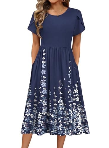 Image of HOTOUCH Women Dresses Elegant Summer Midi Dress Short Sleeve Round Neck Tunic Dress Casual A Line Dresses with Pockets Floral Blue M